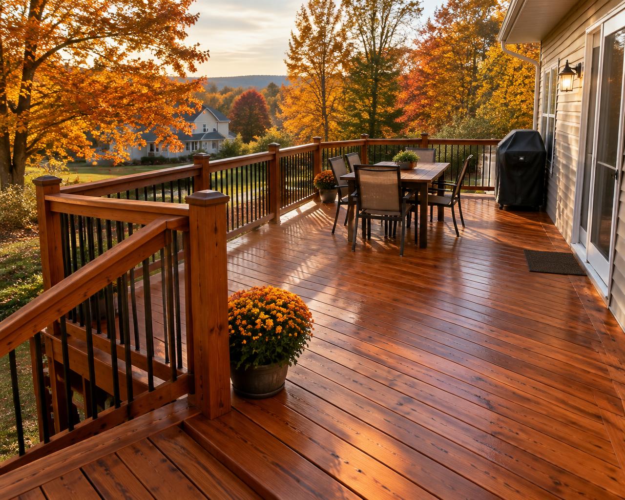 Back deck freshly stained in a semi-transparent cedar tone in autumn