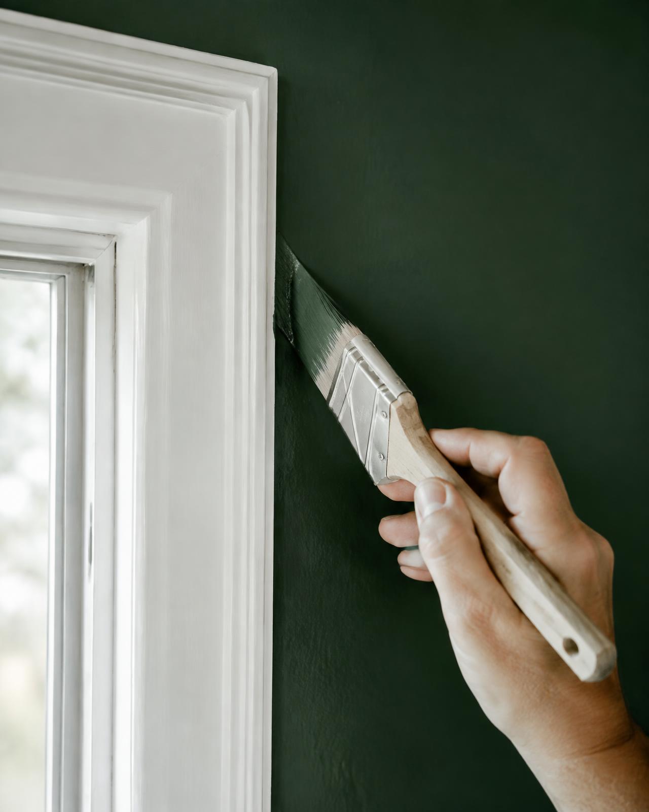 Painter cutting in a straight line along white window trim on a deep green wall