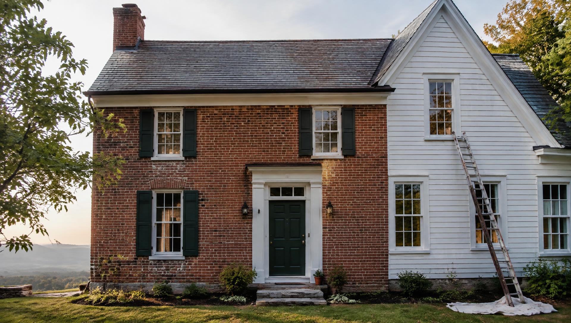 Brick and white clapboard farmhouse with dark green shutters and front door after exterior painting